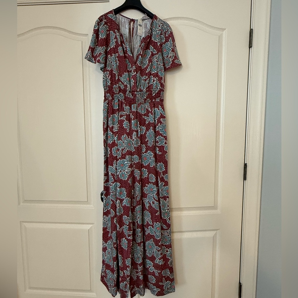 Anthropologie Burgundy and Teal Floral Somerset jumpsuit
